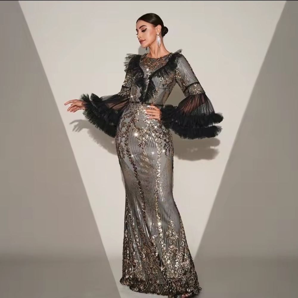 Silver Sequin Gown with V-Neck and Bishop Sleeves - Picture 13 of 15